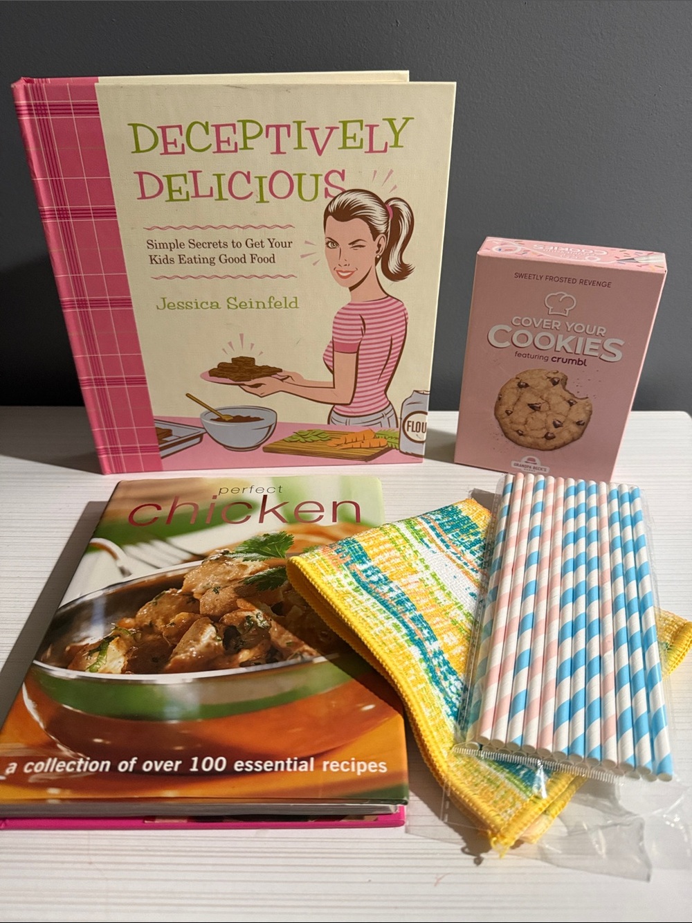 Kitchen cookbook bundle. 2 cookbooks, cookie crumble game, etc..